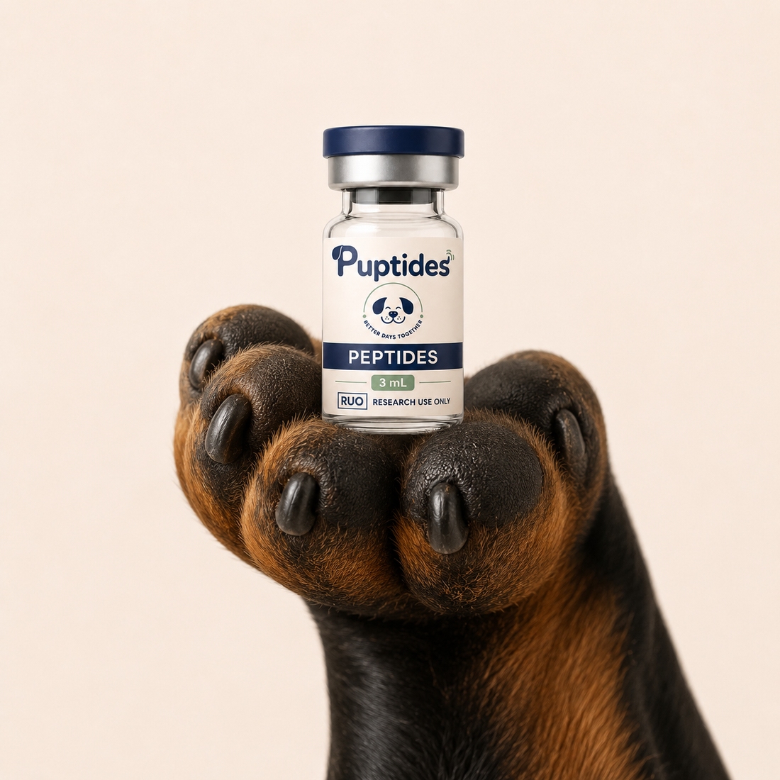 A dog holding a Puptides vial